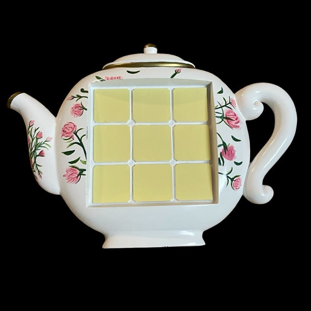 Decorative Handpainted Teapot-Shaped Ceramic and Tile Trivet White Pink Floral
